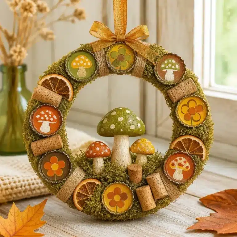 Bottle Cap 70s Mushroom Mini Wreath How to Make 8 DIY Bottle Cap 70s Mushroom Mini Wreath craft project