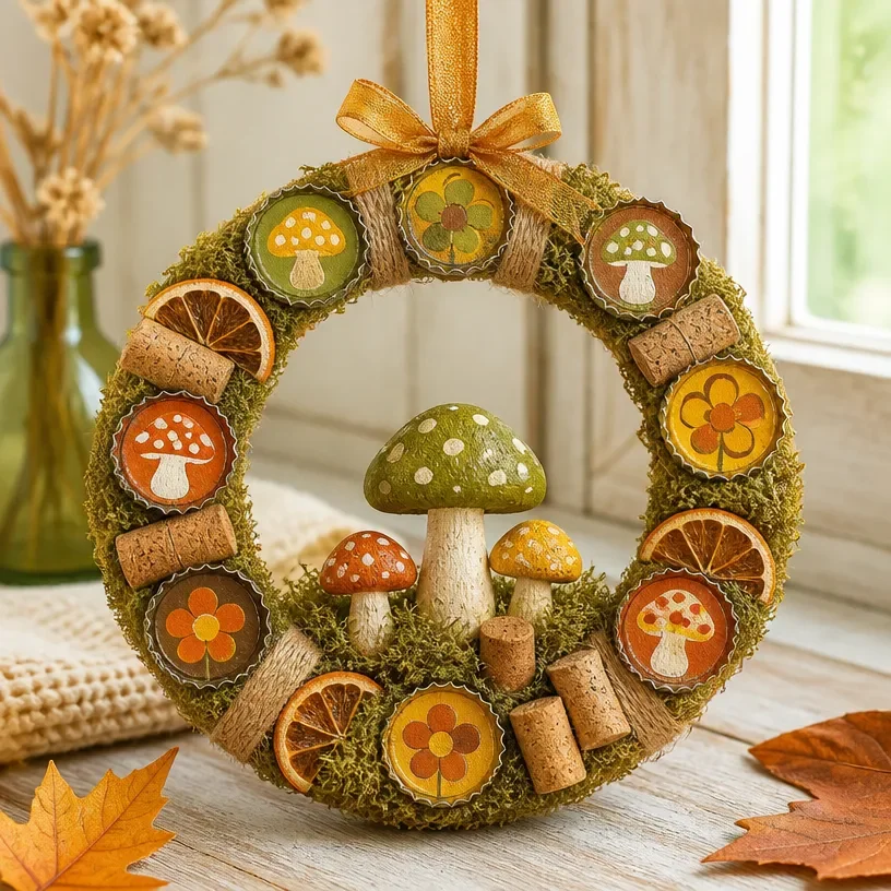 Bottle Cap 70s Mushroom Mini Wreath How to Make 1 DIY Bottle Cap 70s Mushroom Mini Wreath craft project