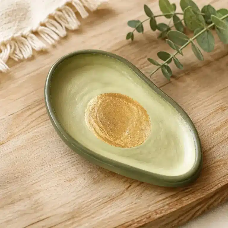 DIY Avocado-Shaped Air-Dry Clay Trinket Dish With Gold Leaf 6 DIY avocado-shaped trinket dish made of air-dry clay with gold leaf accents