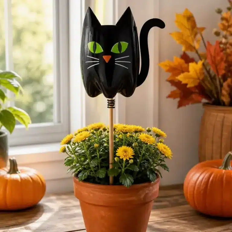 DIY Black Cat Garden Stake made from a plastic bottle
