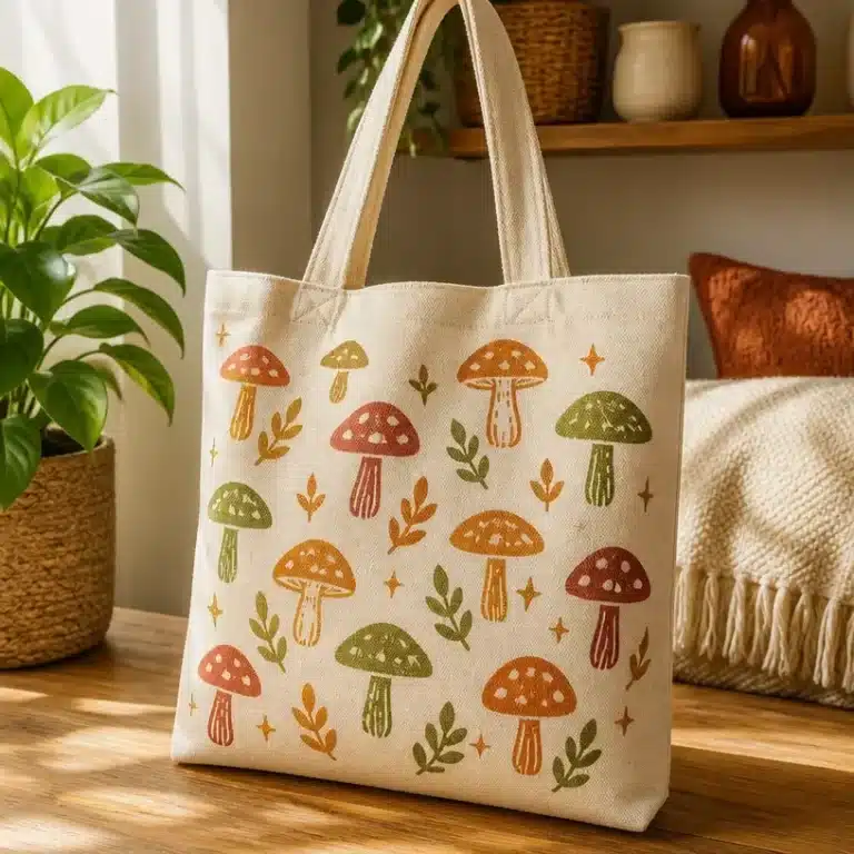 DIY canvas tote bag featuring a colorful 70s mushroom stamp print