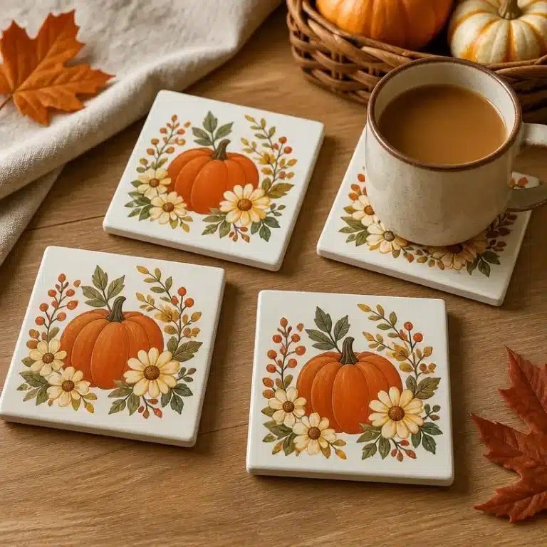 DIY painted tile coaster set featuring a retro daisy pumpkin design