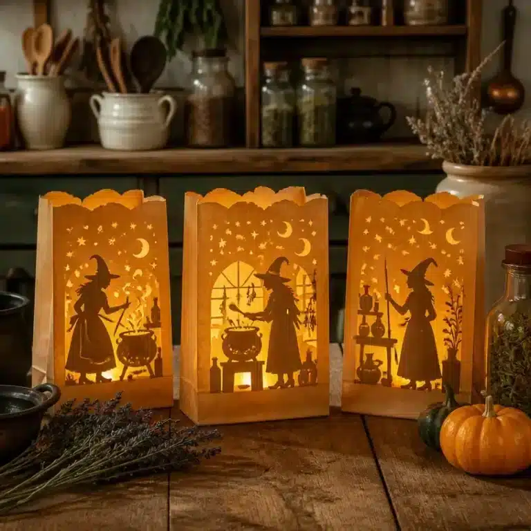 DIY Paper Bag Vintage Kitchen Witch Luminary Set for Halloween decor