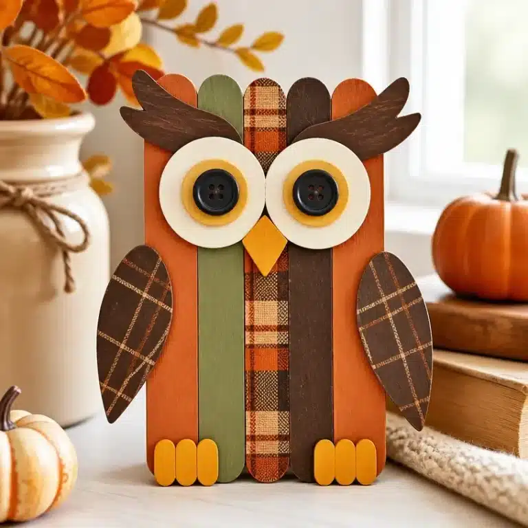DIY owl crafted from popsicle sticks in a harvest plaid design for shelf decor.