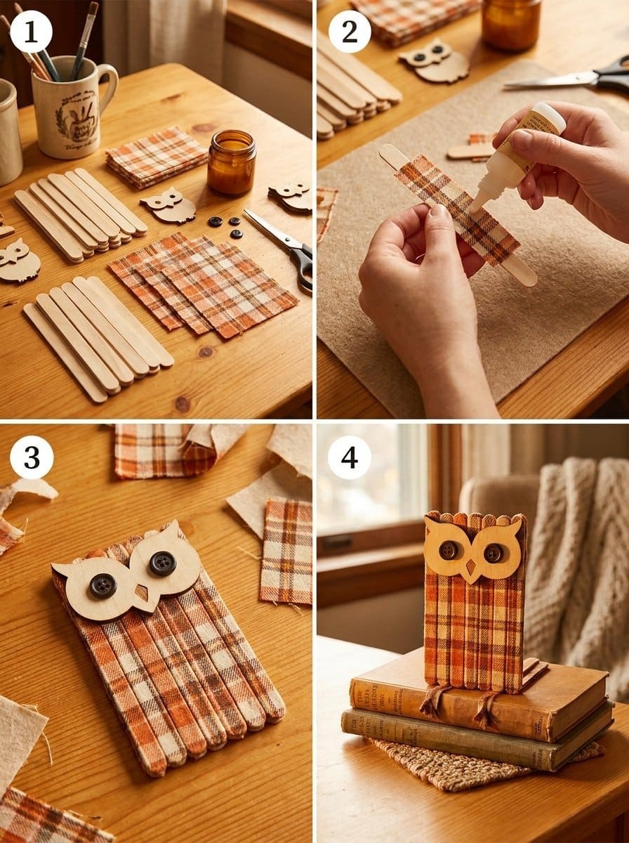DIY Popsicle-Stick Harvest Plaid Owl Shelf Sitter 2 Popsicle-Stick Harvest Plaid Owl Shelf Sitter