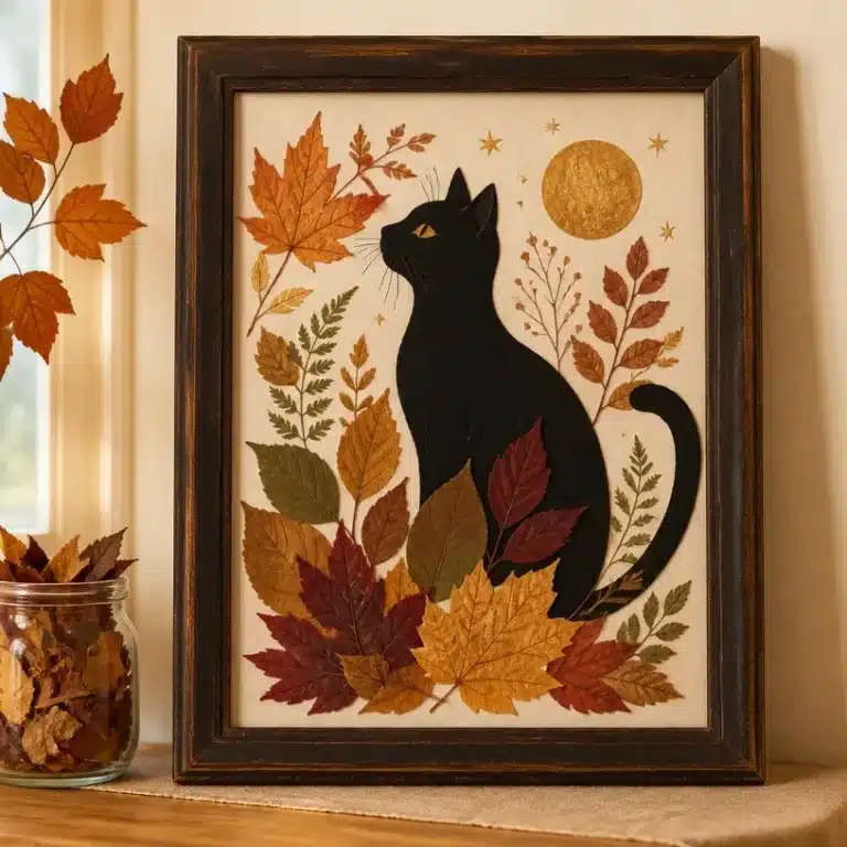 DIY Pressed Leaf Art featuring Black Cat Wall Decoration