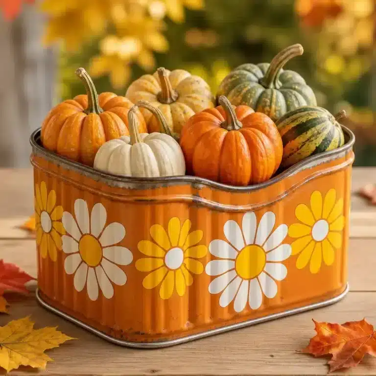 DIY Pumpkin Organizer From Upcycled Tin With Retro Daisy 8 DIY pumpkin organizer made from upcycled tin featuring a retro daisy design