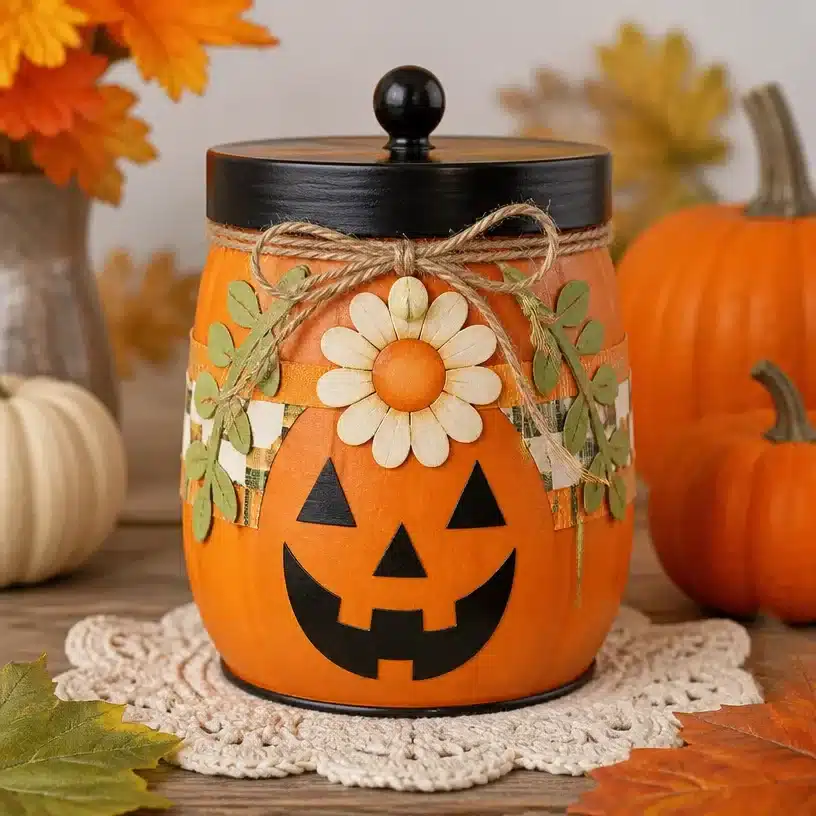 DIY Pumpkin Organizer From Upcycled Tin With Retro Daisy 1 DIY pumpkin organizer made from upcycled tin featuring a retro daisy design.