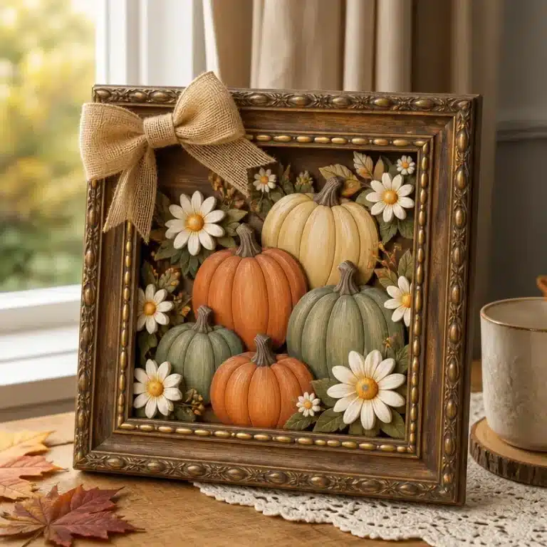 DIY retro daisy pumpkin shadow box made from thrifted frame