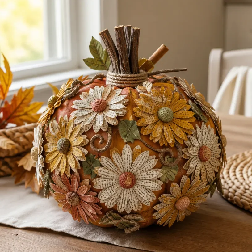 DIY Retro Daisy Pumpkin Table Sculpture From Old Book Pages 1 DIY Retro Daisy Pumpkin Sculpture made from old book pages