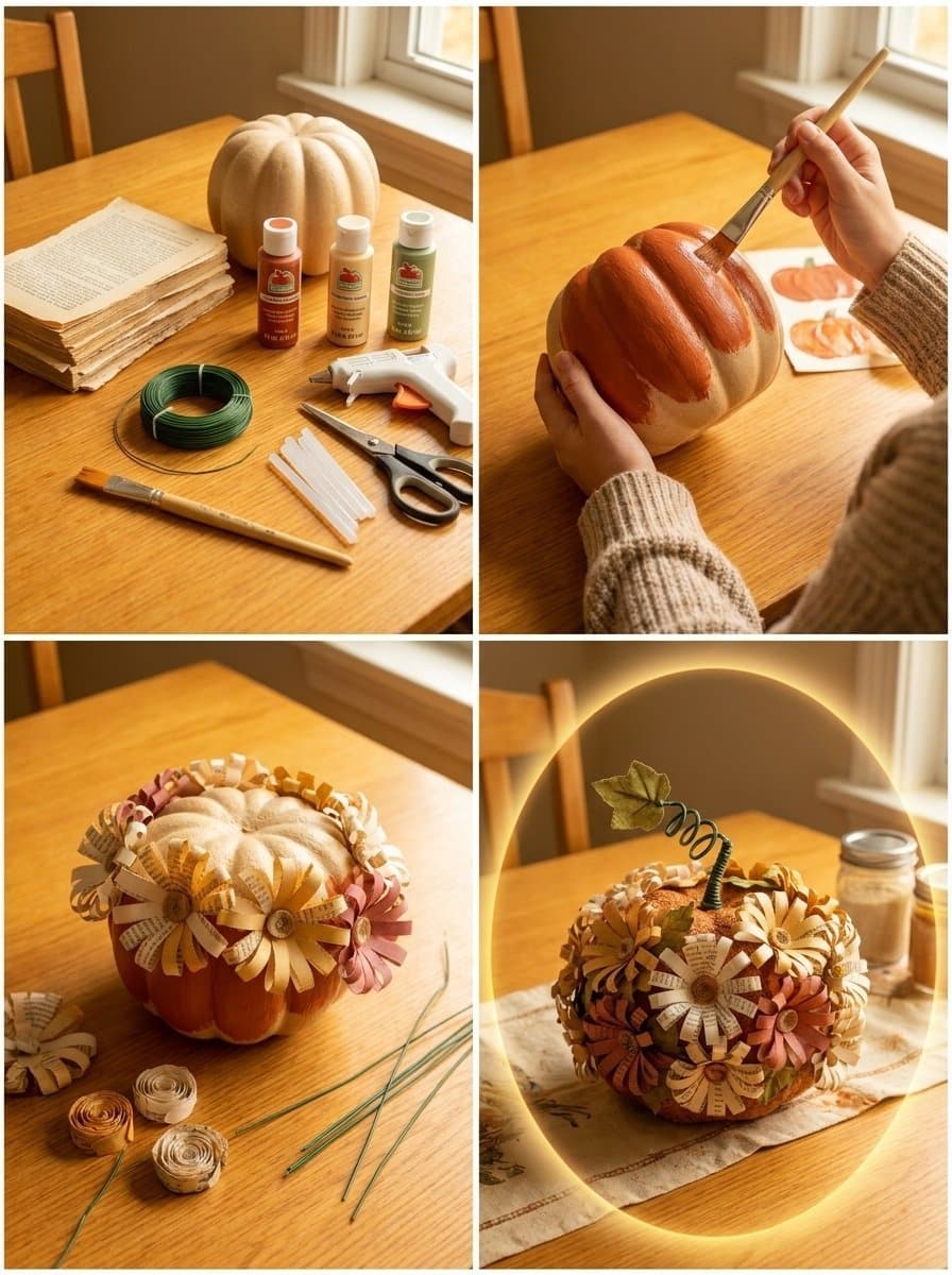 DIY Retro Daisy Pumpkin Table Sculpture From Old Book Pages 2 DIY Retro Daisy Pumpkin Table Sculpture From Old Book Pages