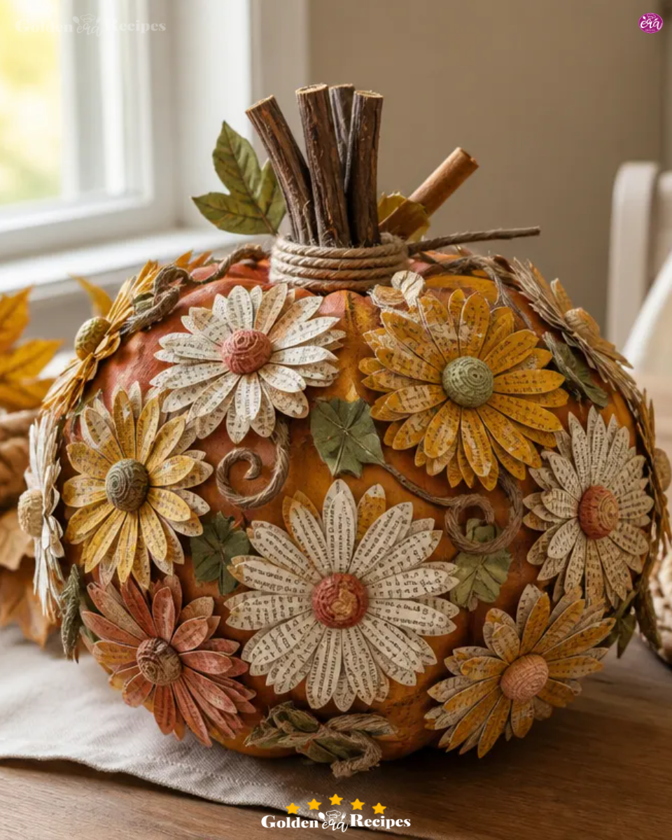 DIY Retro Daisy Pumpkin Table Sculpture From Old Book Pages 3 DIY Retro Daisy Pumpkin Table Sculpture From Old Book Pages