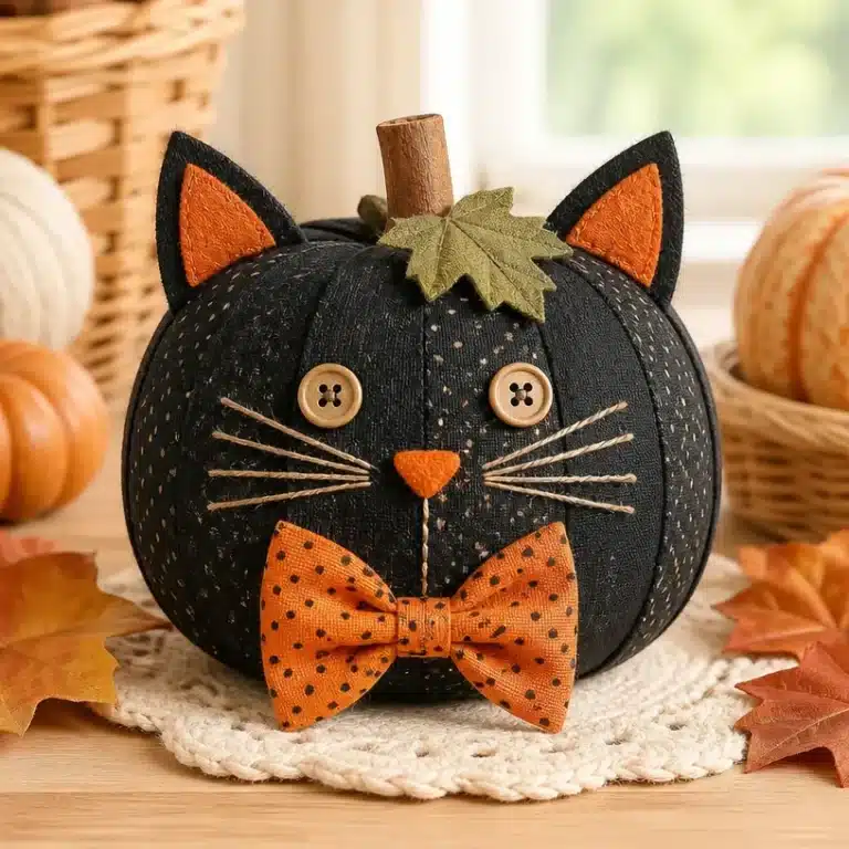 DIY Scrap-Fabric Black Cat Pumpkin for Halloween 8 DIY scrap-fabric black cat pumpkin decoration for Halloween