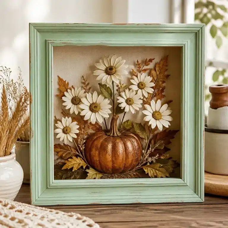 DIY Shadow Box From Thrifted Frame With Retro Daisy Pumpkin Decor 7 DIY shadow box with thrifted frame and retro daisy pumpkin decor