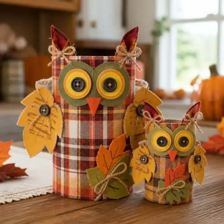 DIY Harvest Plaid Owl made from toilet roll for festive table decor