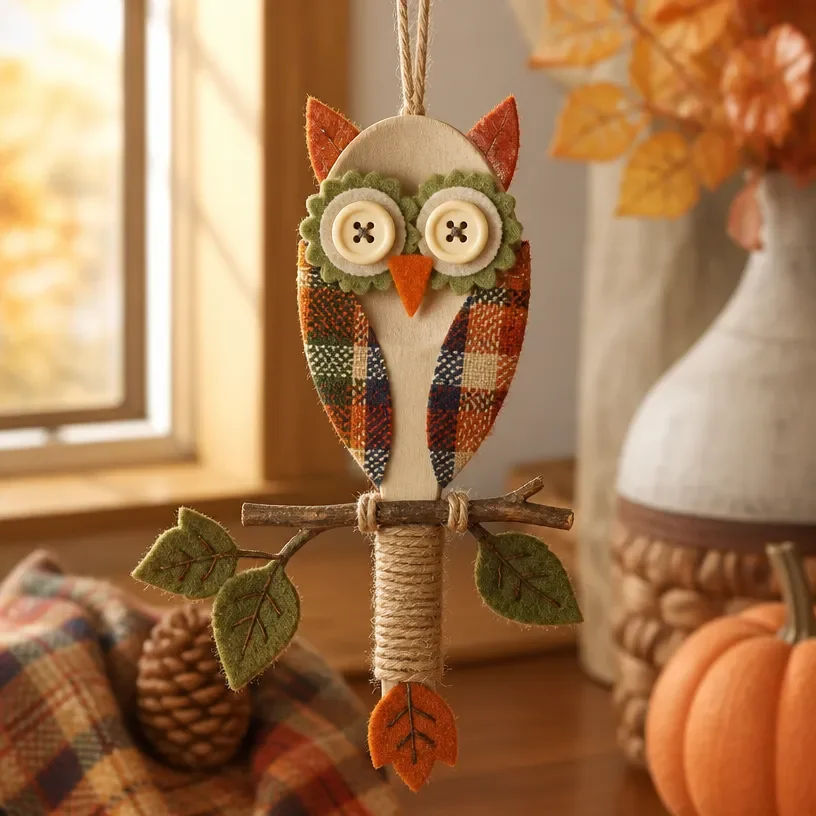 DIY Wooden Spoon Harvest Plaid Owl Hanging Ornament 1 DIY wooden spoon ornament with a harvest plaid owl design, perfect for seasonal decor
