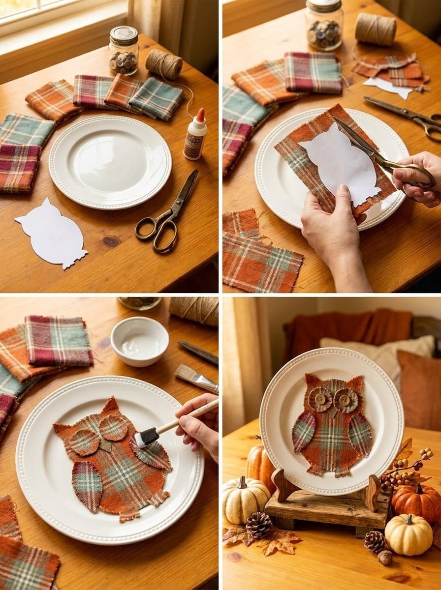Harvest Plaid Owl Display From Thrifted Plates 2 DIY Thrifted Plate Harvest Plaid Owl Display
