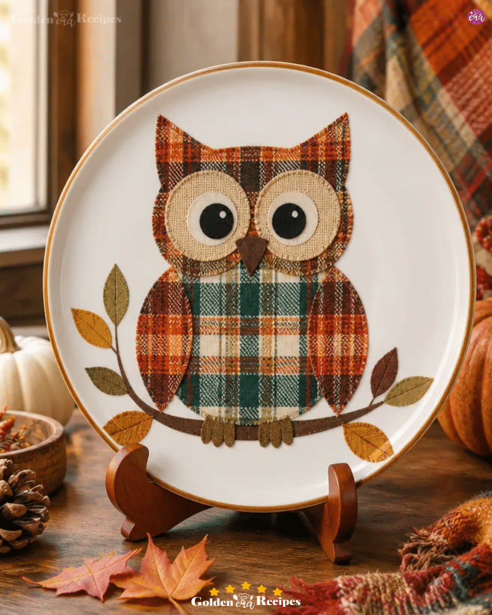 Harvest Plaid Owl Display From Thrifted Plates 3 Harvest Plaid Owl Display From Thrifted Plates