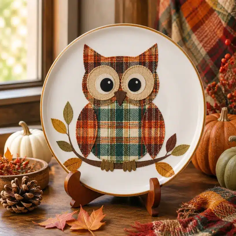 Harvest Plaid Owl Display From Thrifted Plates 4 DIY Thrifted Plate Harvest Plaid Owl Display