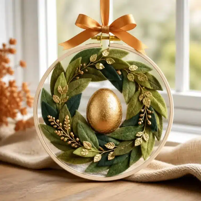 How to Make an Avocado Gold Leaf Embroidery Hoop Wreath 4 Avocado embroidery gold leaf wreath displayed in an embroidery hoop.