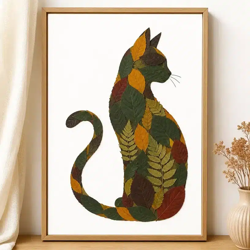 Pressed leaf black cat wall art DIY project