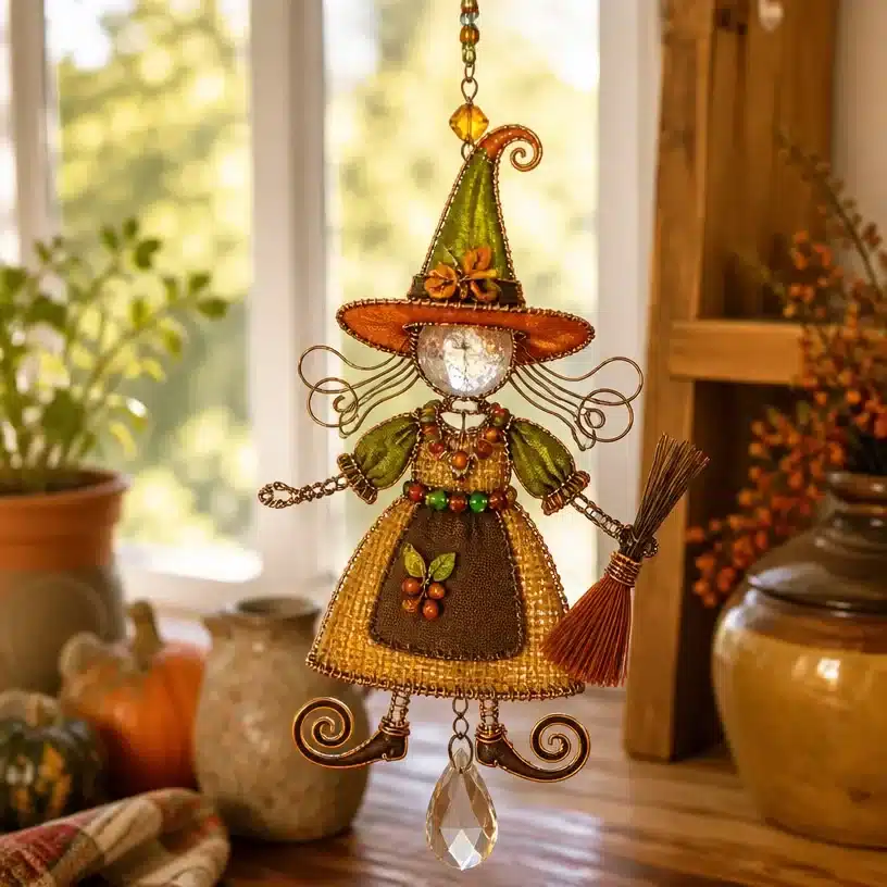 Suncatcher DIY With Wire and Bead Vintage Kitchen Witch 1 Handmade Suncatcher DIY featuring wire and beads in vintage kitchen witch design.