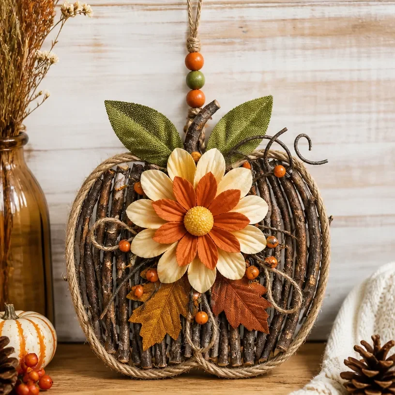Twig-and-Twine Retro Daisy Pumpkin Wall Charm 1 Twig-and-Twine Retro Daisy Pumpkin Wall Charm for autumn decor