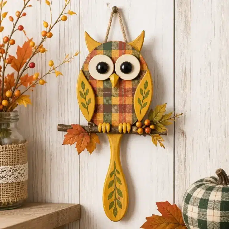 Wooden Spoon Harvest Plaid Owl Hanging Decor DIY 5 Wooden Spoon Harvest Plaid Owl Hanging Decor DIY project